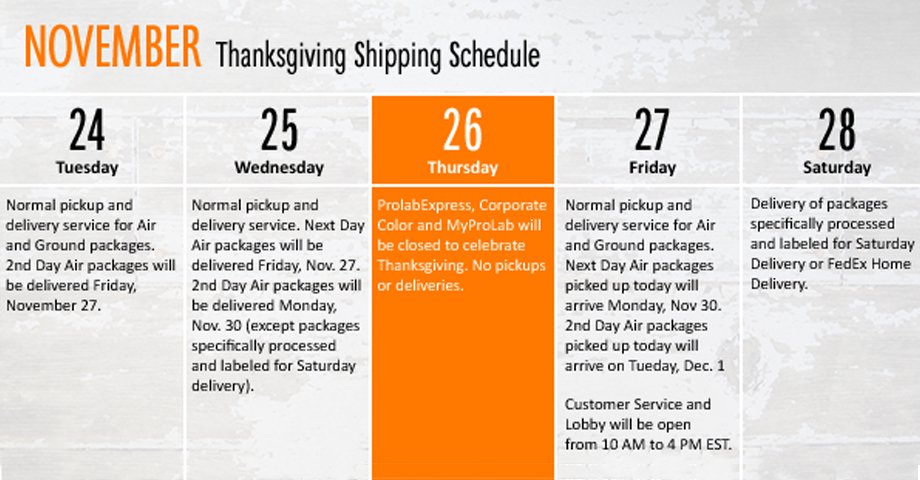CorpColor's tweet photo. Thanksgiving Schedule https://t.co/uC3nVKQGX6
