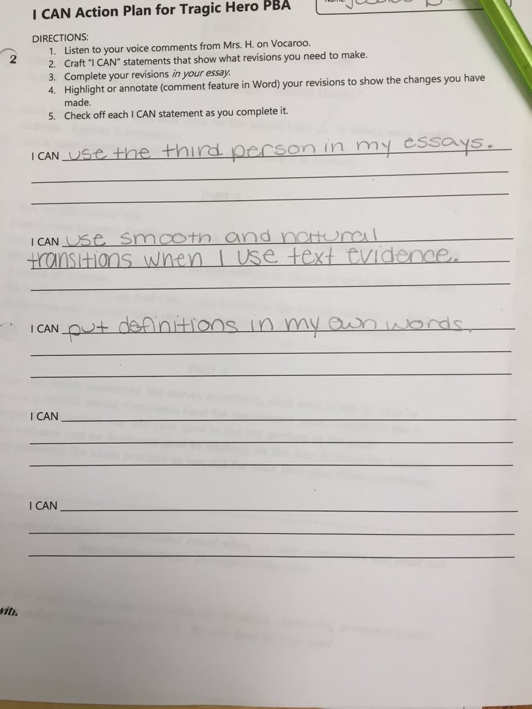 HabteLEARN's tweet photo. Another #phhsavid student writes her own objectives for revision in English 10! #writing #org @Sarah__Spence https://t.co/OeG03sXZ82