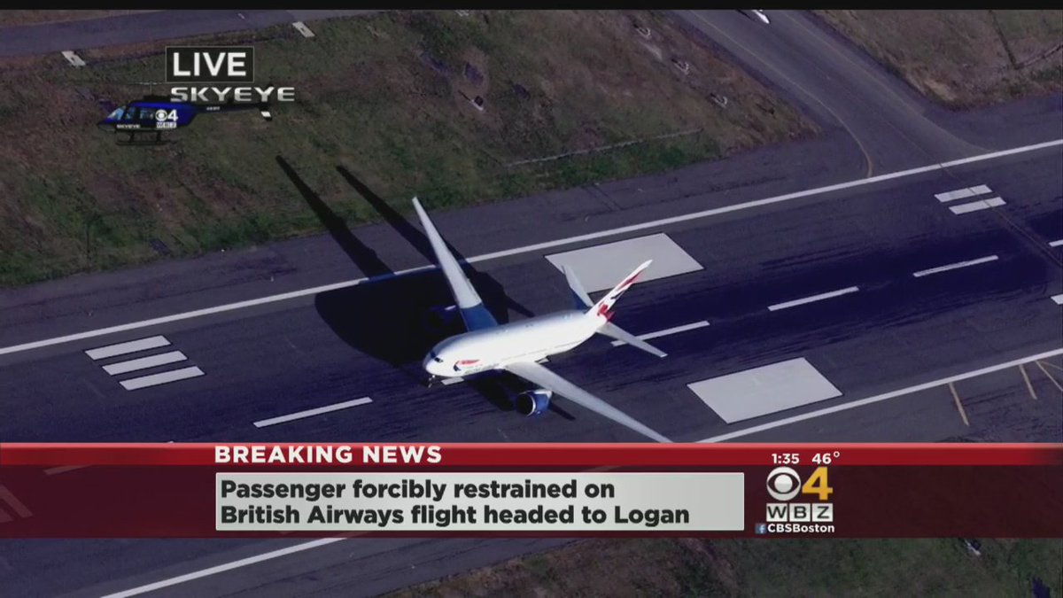 British Airways Flight 123 lands in Boston-Female passenger restrained 