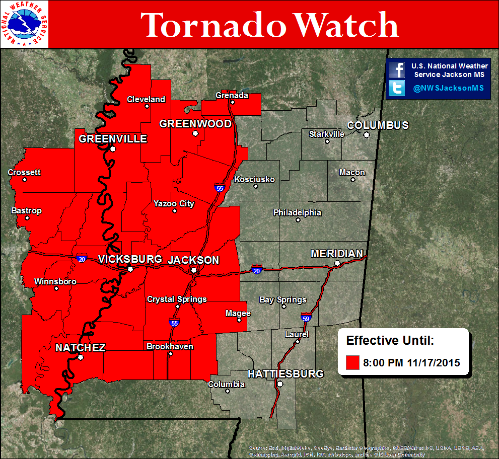 NWSJacksonMS's tweet photo. Tornado Watch until 8 pm for Northeast Louisiana, Southeast Arkansas and West Central Mississippi https://t.co/PyMcZ7Crmo