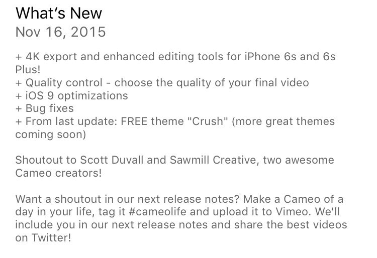 New version of Cameo just released in the <a href="/AppStore/">App Store</a>! 4K editing, 4K export, iOS 9 optimized #makeyourmovie