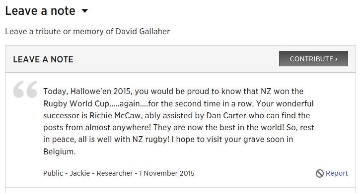 A very Kiwi note left  on David Gallaher's record #OnlineCenotaph #DiscoverYourConnection @aucklandmuseum #RWC2015