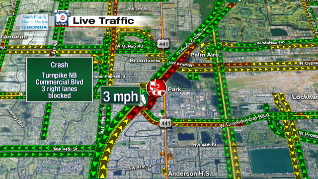 Crash on Turnpike NB after Commercial Blvd. 3 lanes blocked. 3mph speeds #traffic #broward @JeniseFernandez https://t.co/qVuTIb6ydY