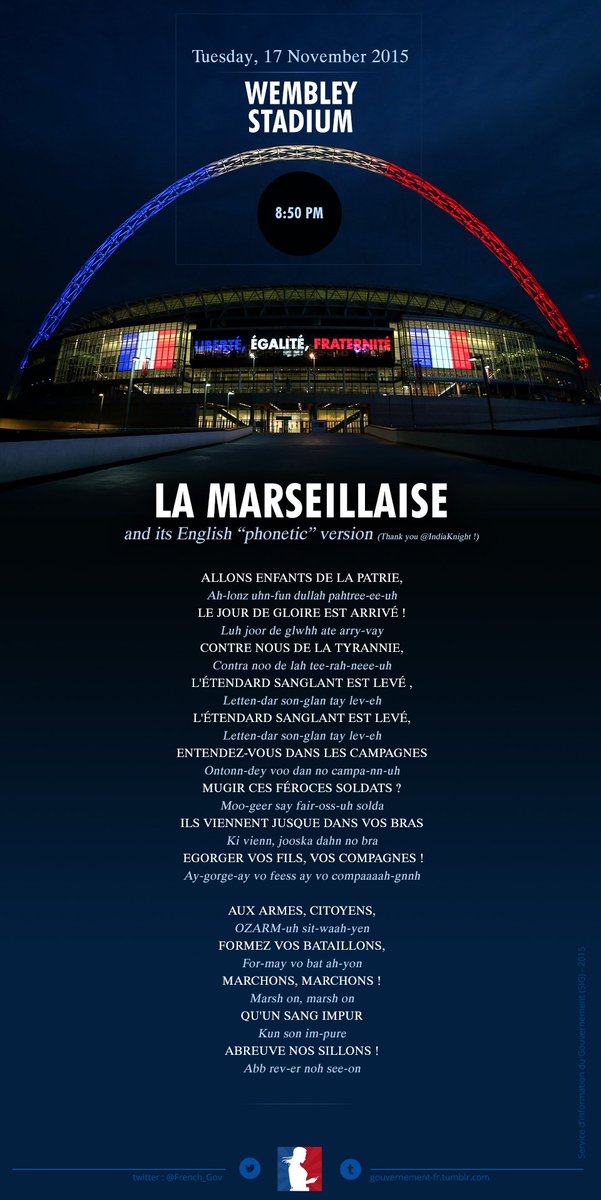 Let's all sing La Marseillaise before #ANGFRA #ENGvFRA in memory of the victims #NousSommesUnis #standtogether ⚽️