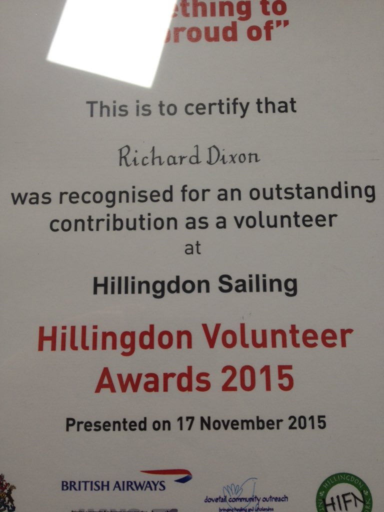OutdoorRichard's tweet photo. Received my award at the @hillingdon Volunteer Awards for volunteering at @HillingdonOAC #sailing #hva2015 https://t.co/iuBVT6ns1O