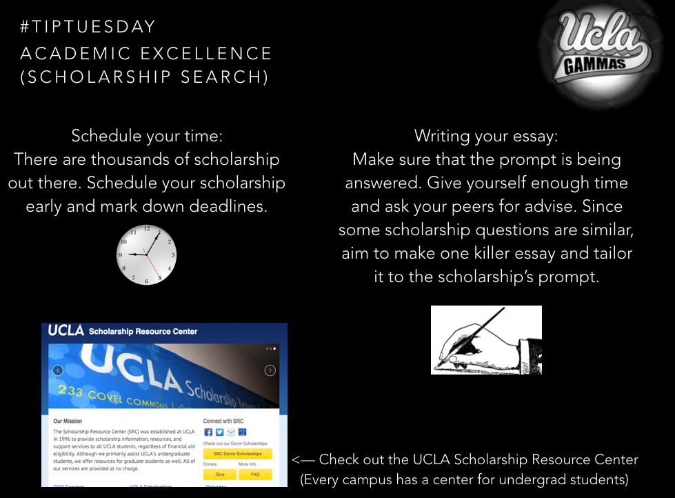 uclagammas's tweet photo. Struggling w/ finances as a college student? Check out these tips to facilitate your scholarship search. #TipTuesday https://t.co/bshRo9vfhz