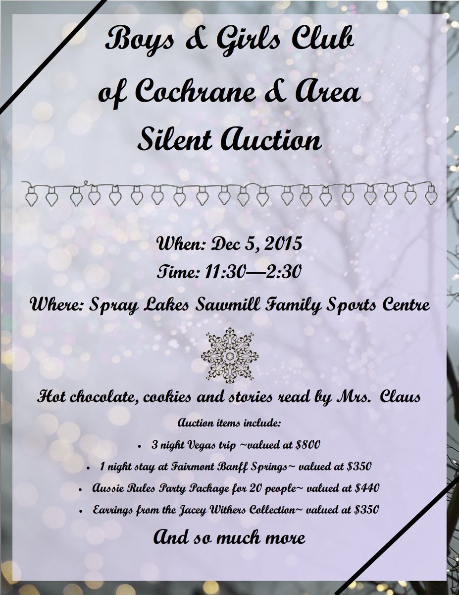 BGCCochrane's tweet photo. Check out our Silent Auction at #SLSFSC Dec 5! All funds go to #CochraneAB #youthprograms Thanks to our Sponsors! https://t.co/F7tVtFxKjr
