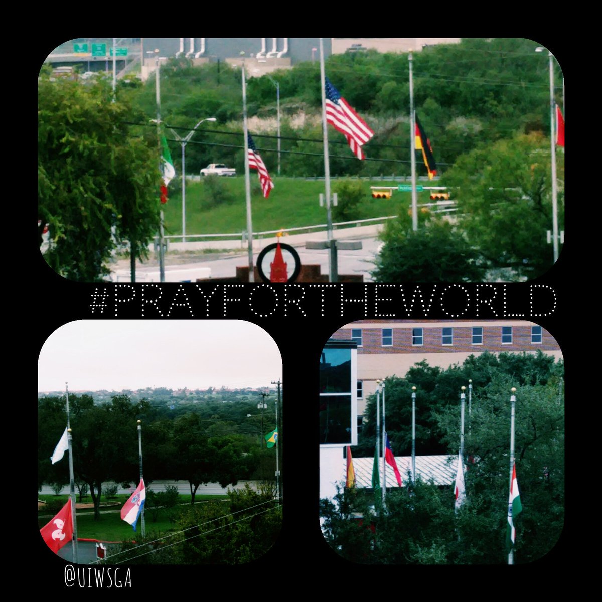 UIWSGA's tweet photo. #UIW flags lowered to #flagstaff #UIWSGA #PrayForTheWorld #PeaceForTheWorld https://t.co/vNtvDXDr7q