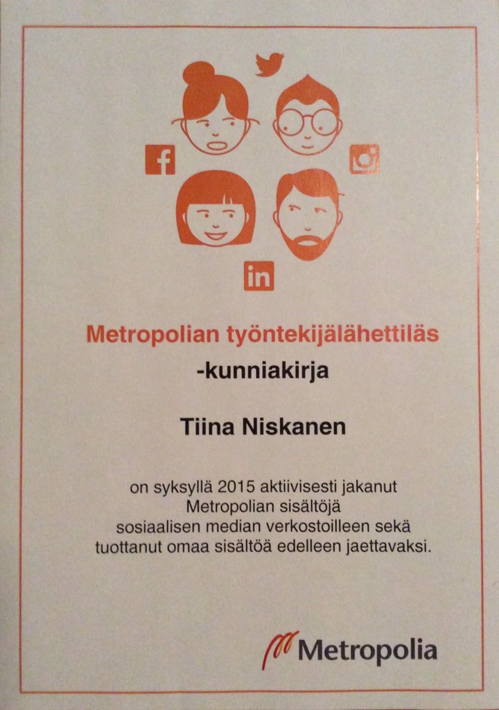 TiinaNiskanen's tweet photo. #EmployeeAdvocacy acknowledged for testing #SmarpShare in @metropolia :) #Metropolia #socialmedia https://t.co/pqeDU8LTlW