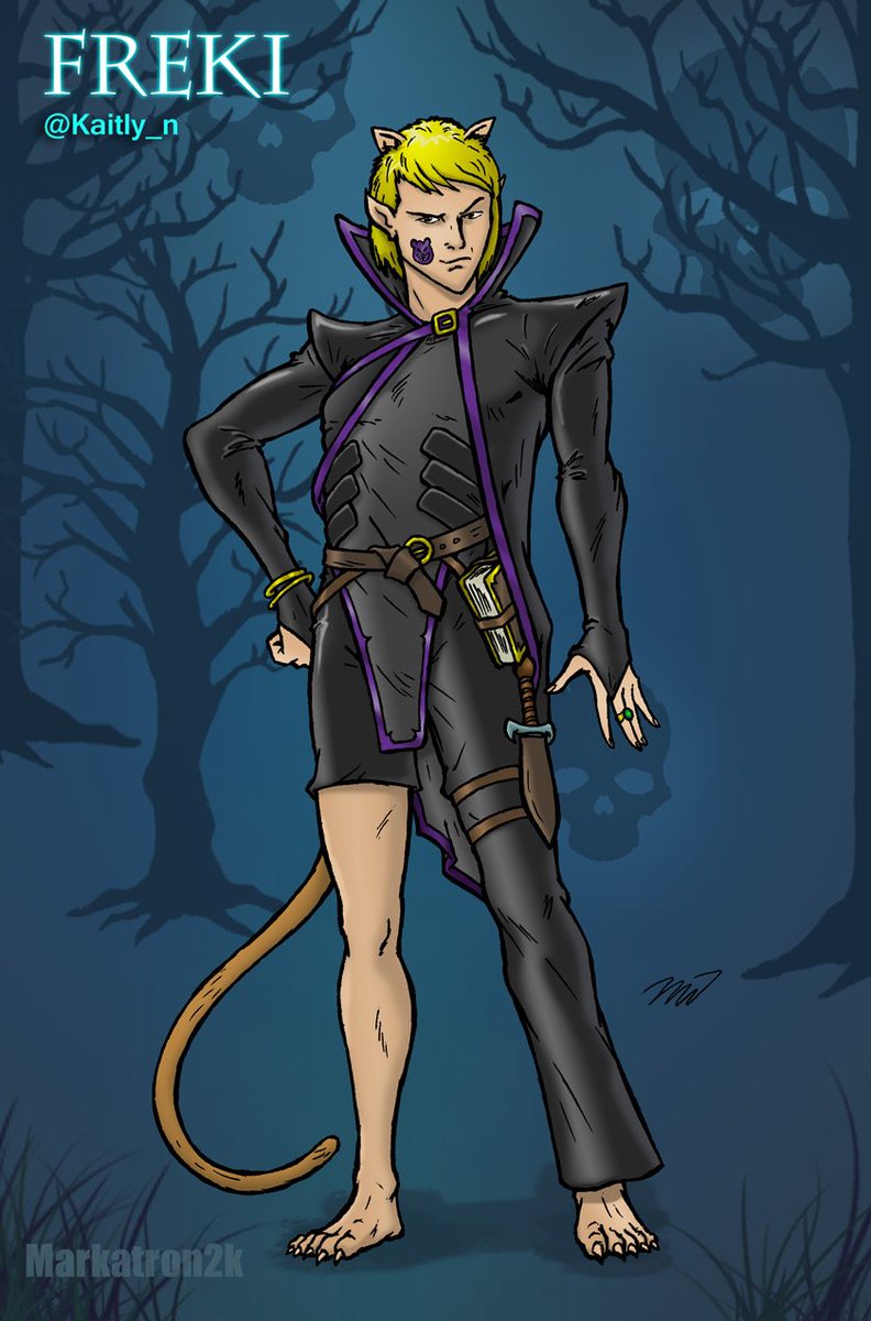markatron2k's tweet image. Long overdue, I've finally drawn Freki! @kaitly_n @Silent0siris 50% tiefling, 50% human, 50% cat = 200% trouble