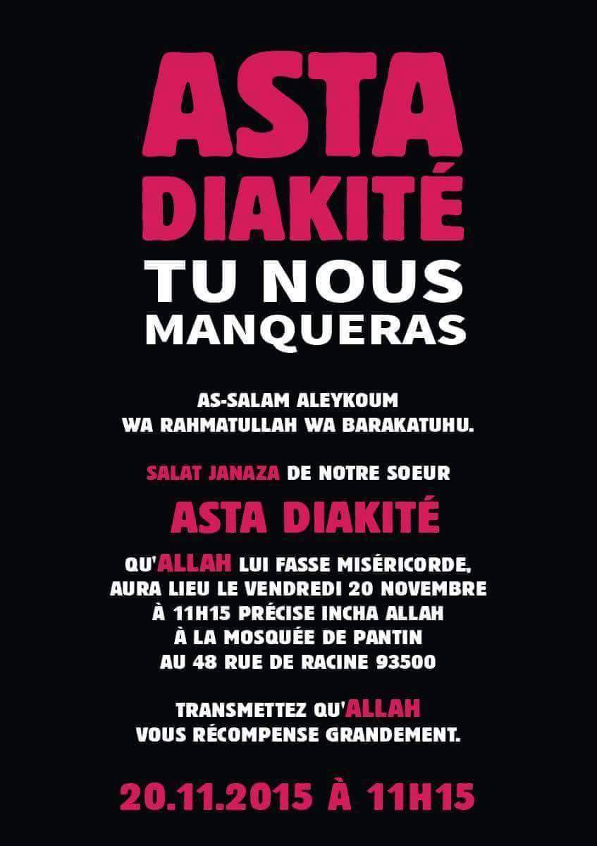 NabilEnnasri's tweet photo. Salat Janaza de Asta Diakité tuée ds les attentats aura lieu vendredi matin à la mosquée de Pantin. Soyons présents. https://t.co/5LzJluBnTF