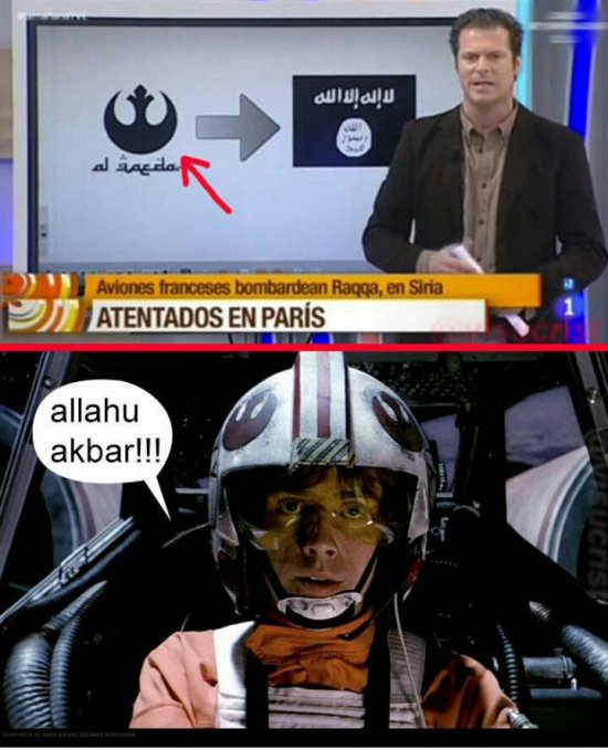 cuantocabron's tweet photo. TVE se confunde y pone el logo de la Alianza Rebelde de Star Wars en lugar del de Daesh https://t.co/B784NKBdEh https://t.co/qa8eSgVarq