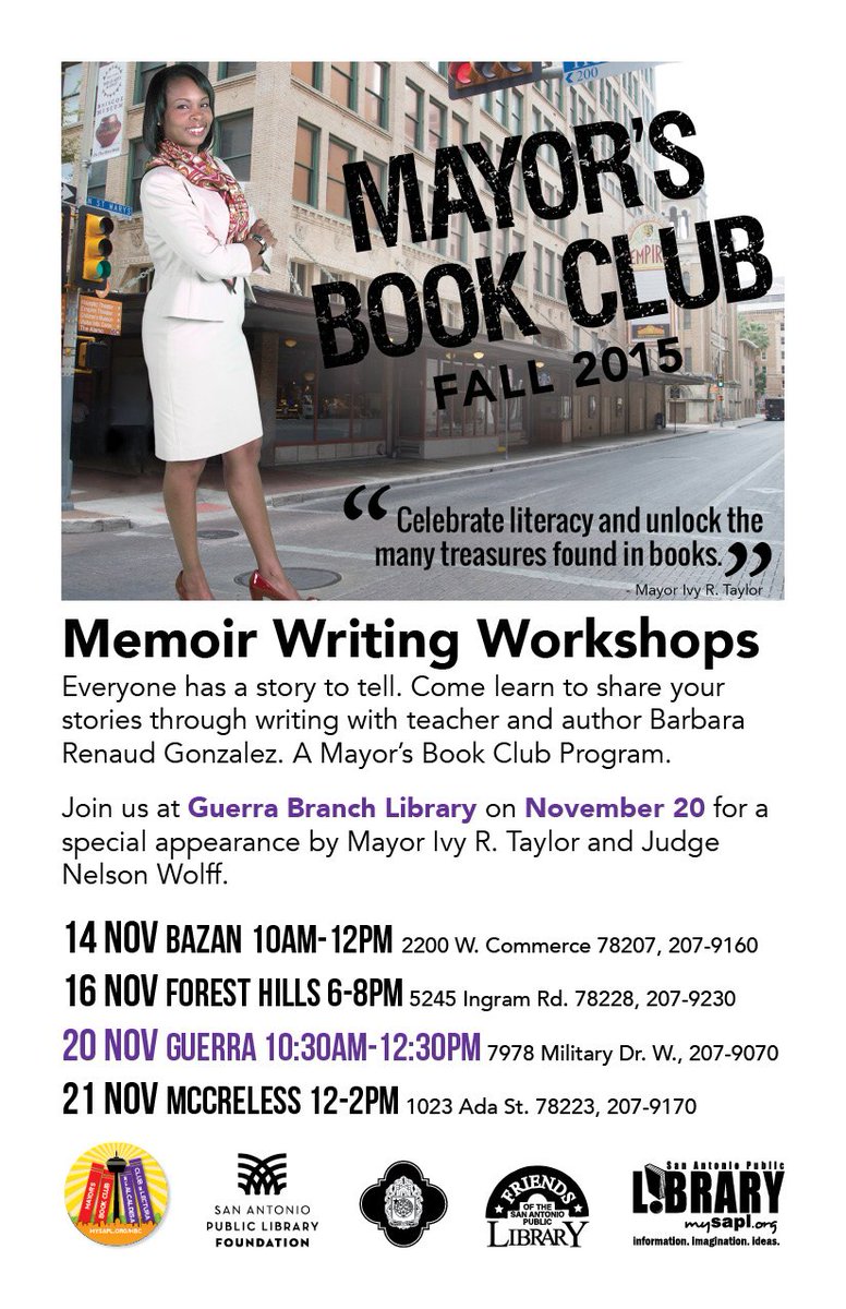 IvyRTaylor's tweet photo. If you are interested in learning more about writing memoirs, check out the great classes at @mysapl #Mayorsbookclub https://t.co/fEJcYtEDfO