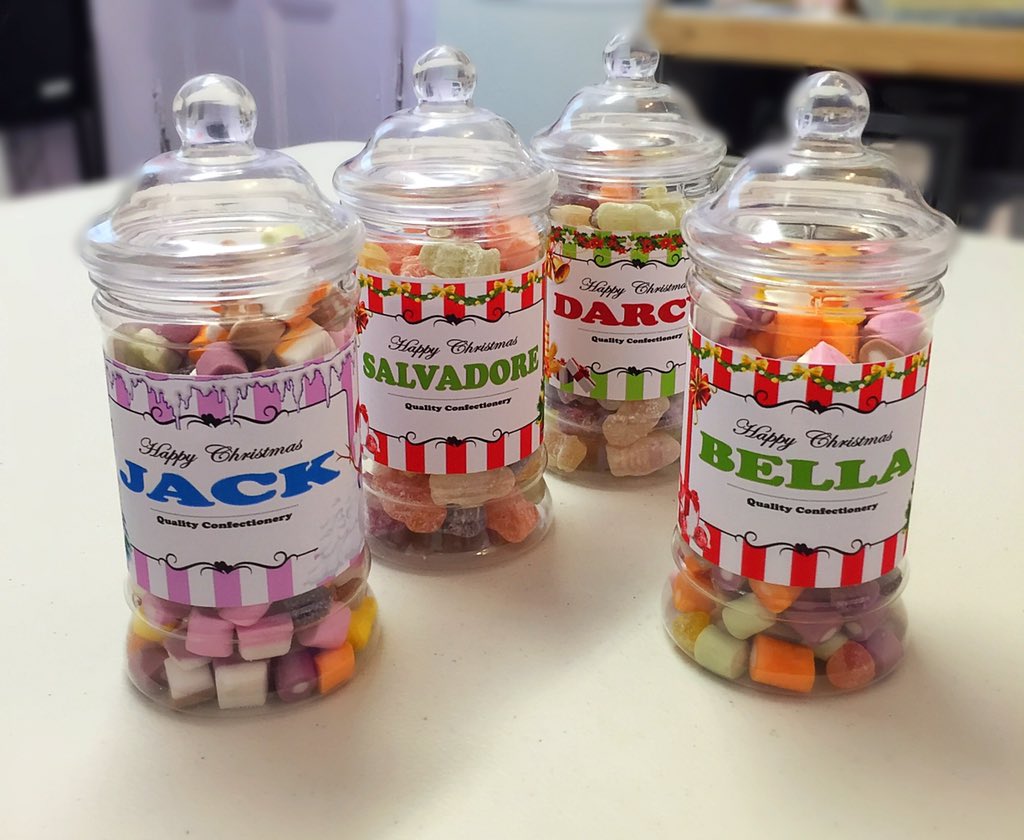 We also stock 35 types of sweets that we offer in jars where the festive  label can be #personalised.