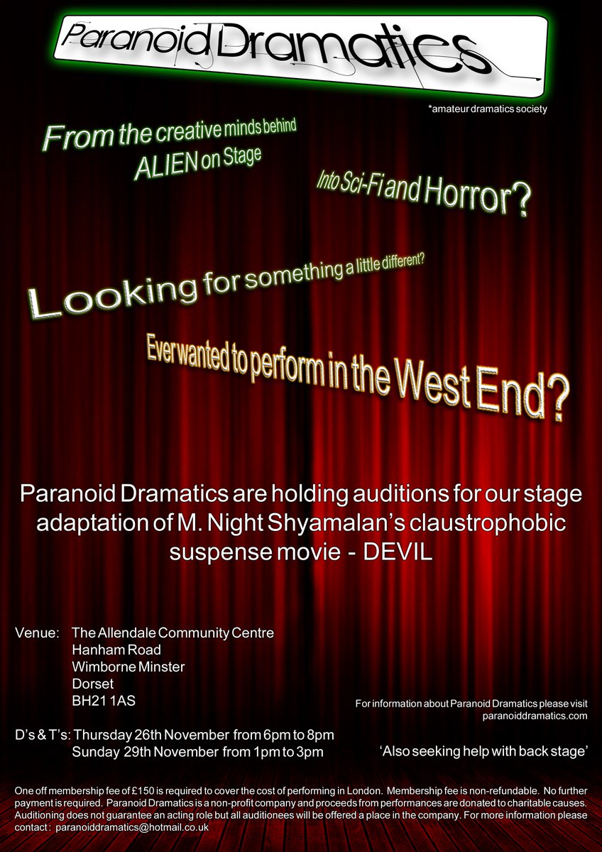 PDramatics's tweet image. Auditions for DEVIL are here.... Please share and come along.
