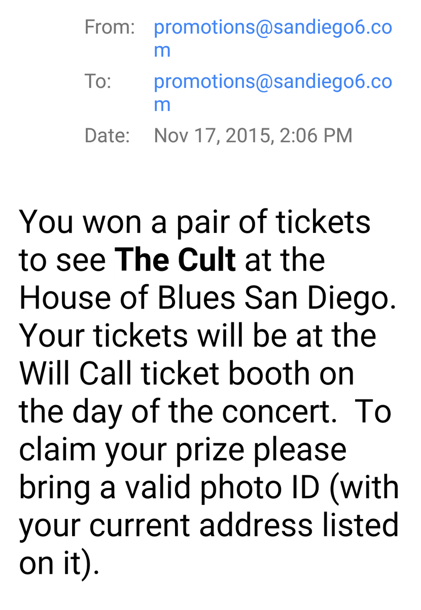 saunieindiego's tweet photo. I won a pair of tickets to see @officialcult at @HOBSanDiego

Thank you @SanDiego6!
#IWinStuff https://t.co/N439zuHvjW