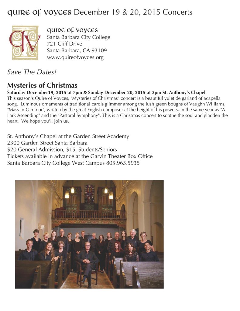 KelliDoering's tweet photo. Save the dates #SantaBarbara !!! @quireofvoyces #music #concert #Christmas #savethedate #joinus #quireofvoyces ❤️🎶 https://t.co/cbWoaYzmFh