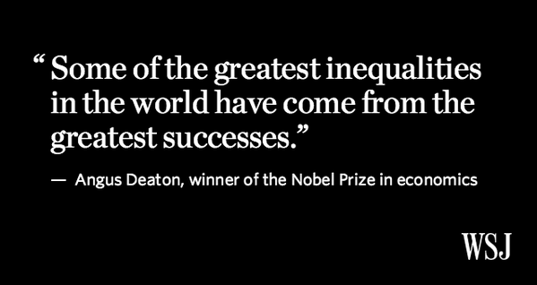 WSJ's tweet image. Nobel winner Angus Deaton: "I both love inequality and I’m terrified of it" on.wsj.com/1N9PKAL #WSJCEOCouncil