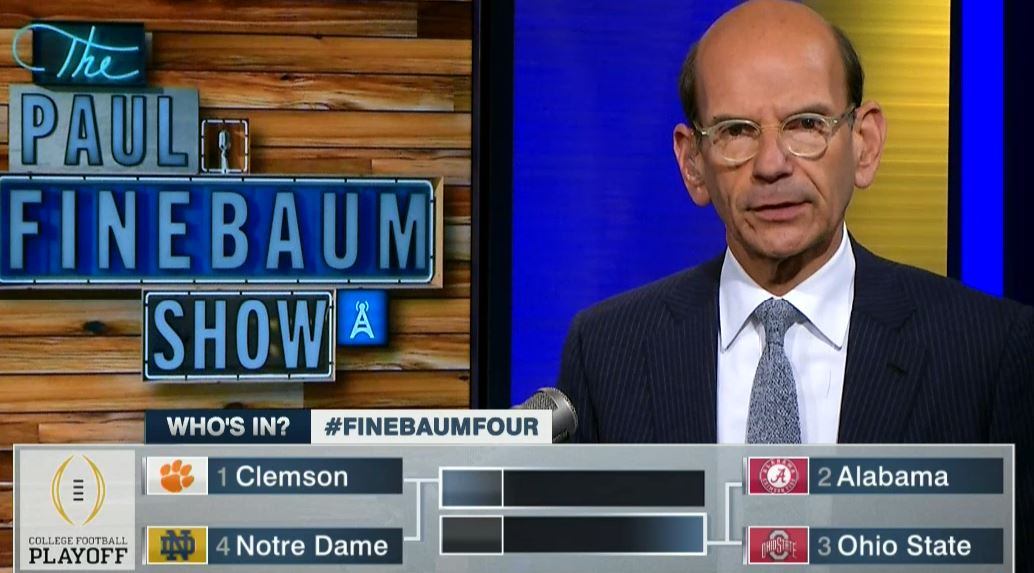finebaum's tweet photo. The @CFBPlayoff rankings will be released tonight at 9:30et on @espn Who's in? #FinebaumFour https://t.co/G4wE0Xa5Dk