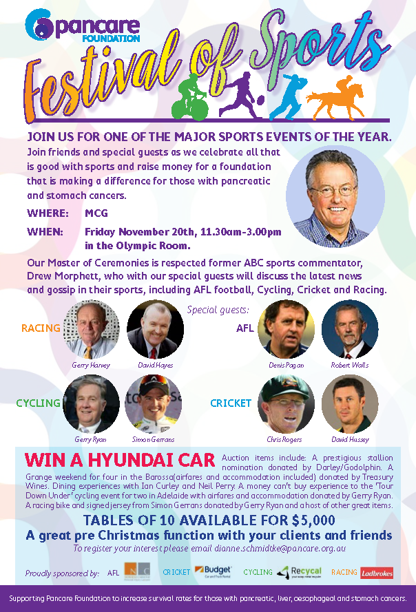 Our 'Festival of Sports' Charity Luncheon held at the MCG this Friday, we look forward to this exciting event.