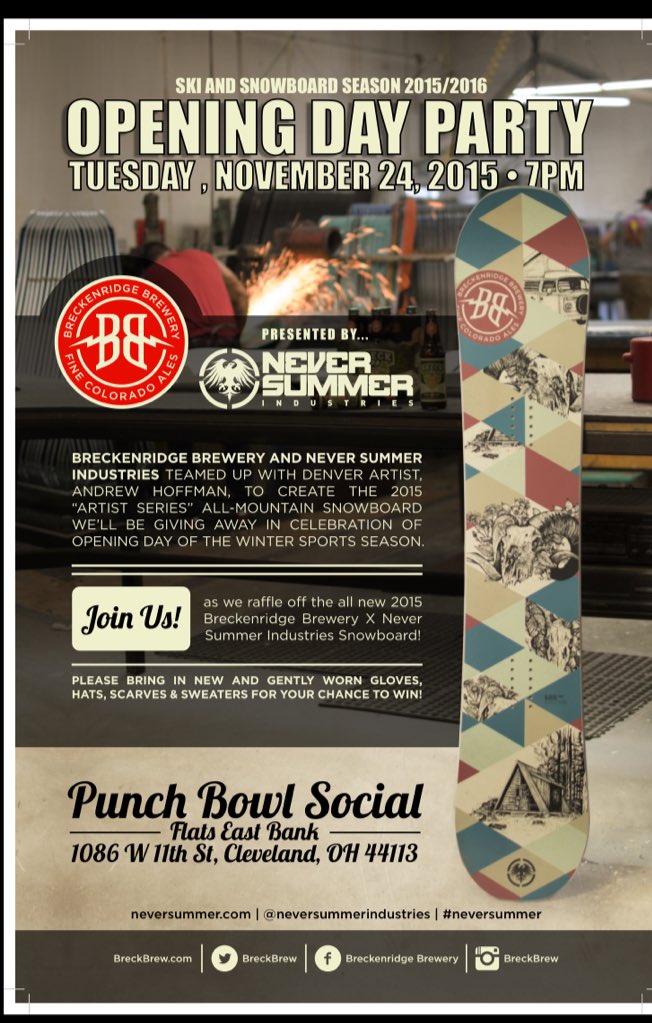BreckBrewOH's tweet photo. @PunchBowlCLE next Tues. 11-24 win a @neversummerind snowboard! @CavBeerOH @BMBW @avohio #skiCLE @BreckBrew https://t.co/6LO043eac3