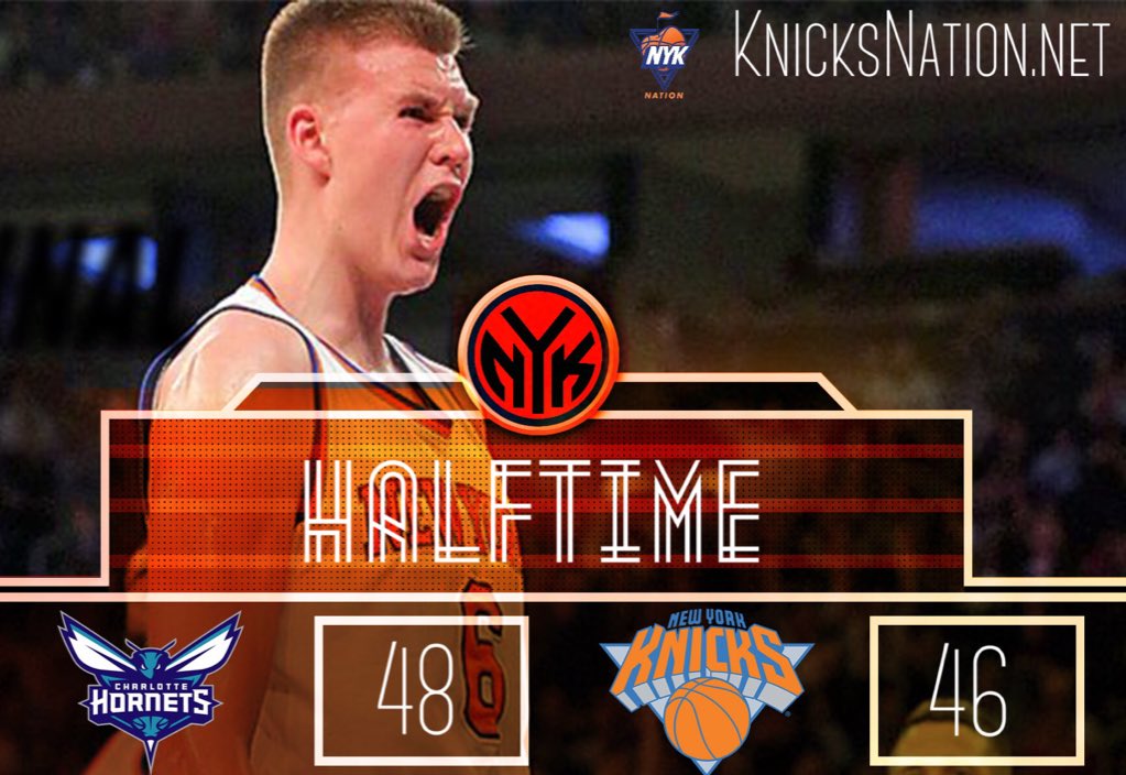 KnicksNationCP's tweet photo. HALFTIME: Two-point game! KP on a #DoubleDoubleAlert w/ 17 pts &amp; 9 rebs. The rookie leads all scorers. https://t.co/nrN3n5ujgQ