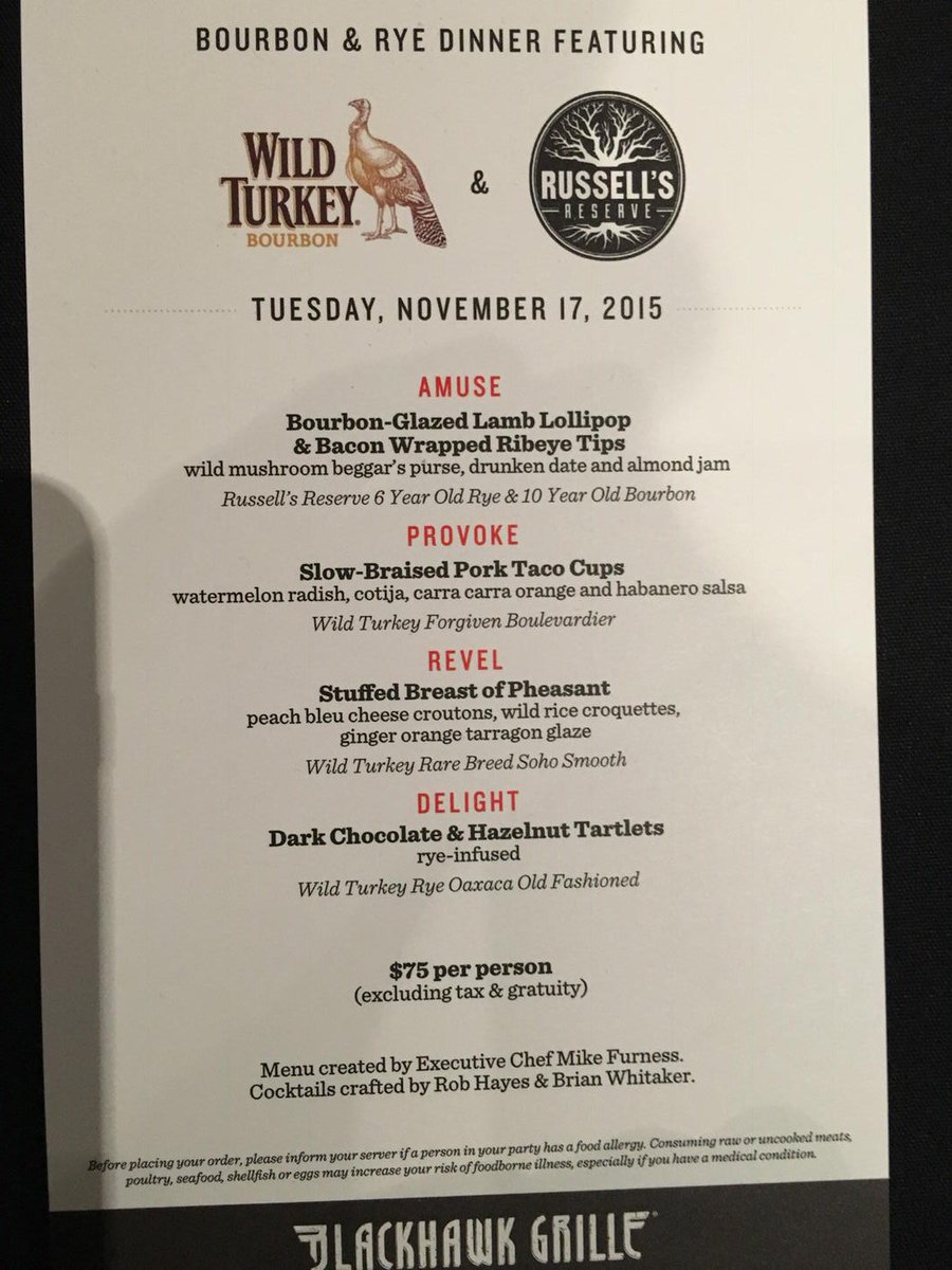 robincoupar's tweet photo. An awesome wild turkey/Russell's reserve dinner at Blackhawk grille #nevertamed #blackhawkgrill https://t.co/13u8bbW5mg
