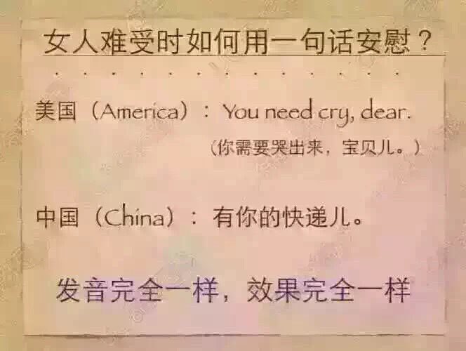 つぶやき中国語 On Twitter 女性が落ち込んでいる時なんて言って慰める アメ You Need To Cry Dear 泣いていいんだよ 中 有你的快递儿 Yǒu Nǐ De Kuai Dier 宅急便届いてるよ 発音も言葉の効き目も全く同じ Https T Co Kxnuyyyqdl