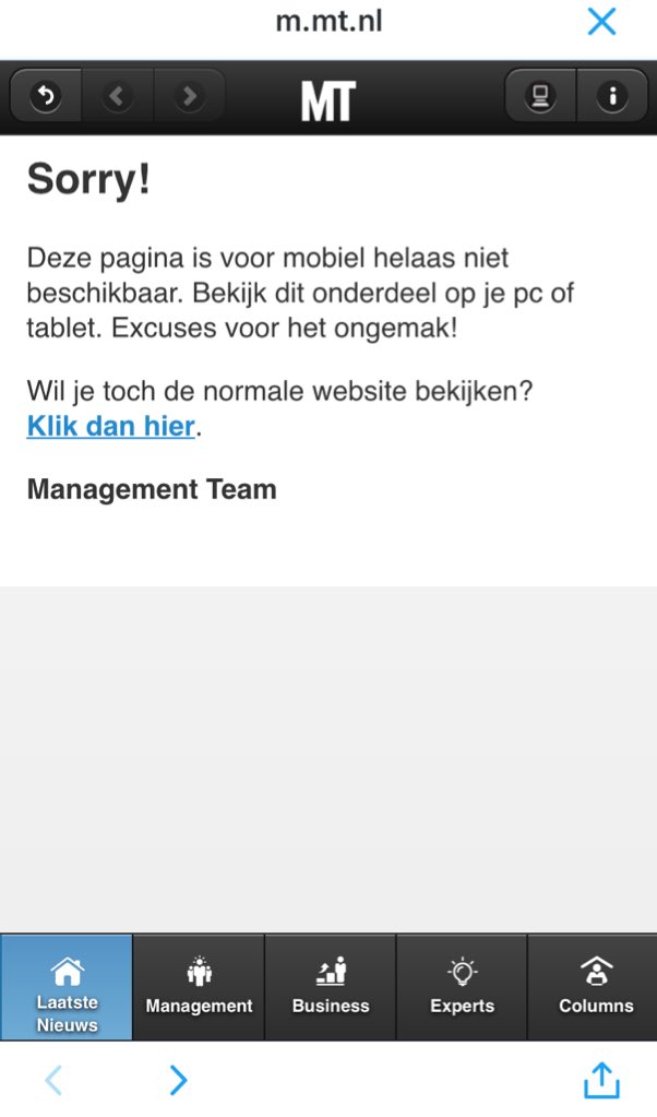 's tweet image. @MTnieuws anders neem je zelf ook even deel aan de masterclass innovatie 🙈 #notresponsive #notmobile #ouddenken