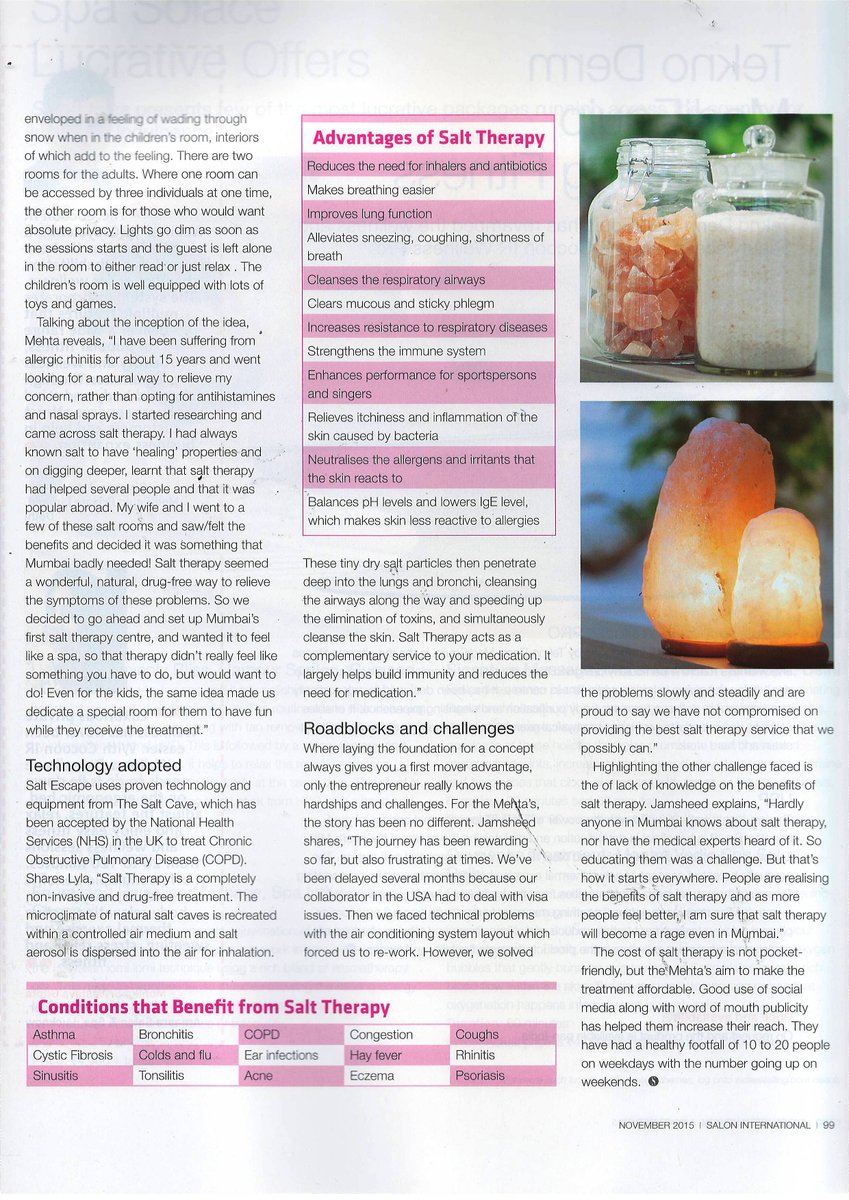 communiquepr_in's tweet photo. Bbay's 1st #salt #spa @saltescape300 in this month's @SalonIntl_IND #pollutionproblems #healthyliving #salttherapy https://t.co/pZplaMXk65
