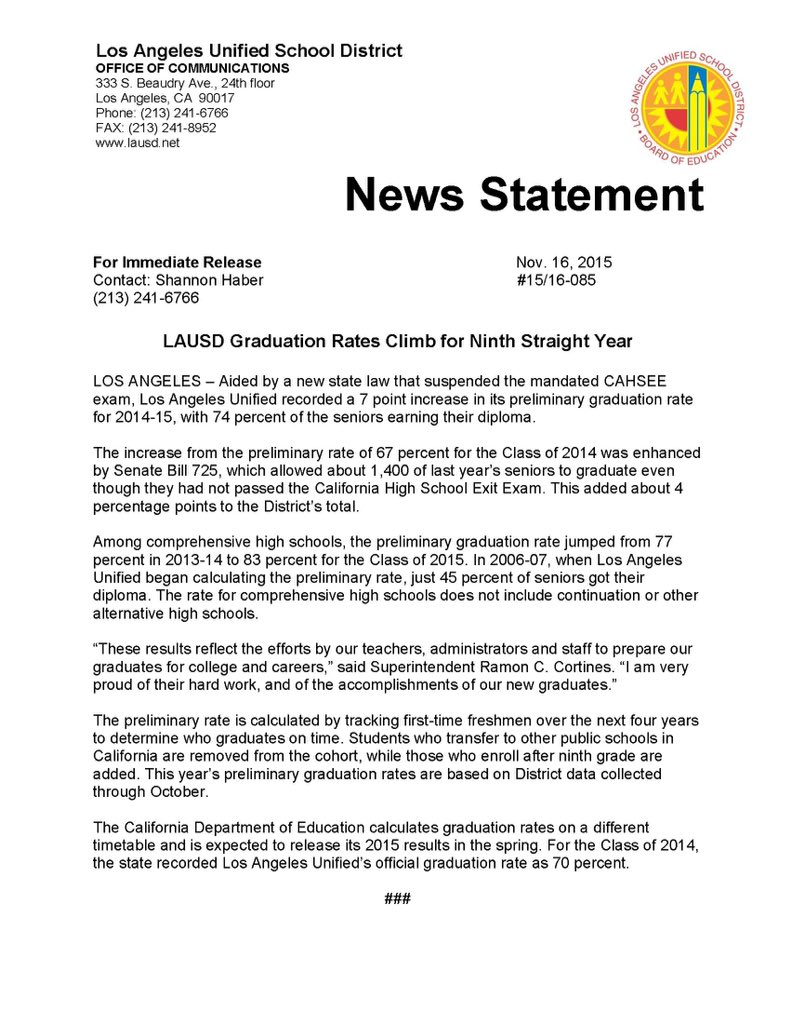 Great job on being part of steady graduation climb.  Thank you for being the gatekeeper of our schools and offices.