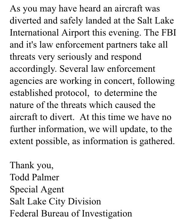 NewsNetNews's tweet photo. βοΈ #FBI Statement @airfrance #Flight65 From @flyLAXairport To #CharlesDeGaulleAirport Diverted To @slcairport βοΈ https://t.co/KcTVbzTkZC