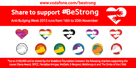 VodafoneUK's tweet photo. RT during #AntiBullyingWeek &amp; Vodafone Foundation will donate £1* to charities fighting cyberbullying #BeStrong https://t.co/w7tcR4Iw5m