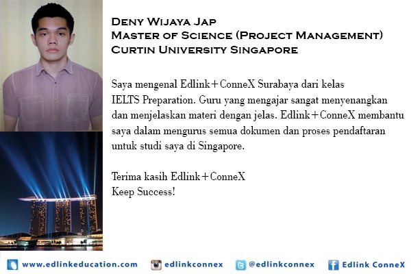 EdlinkConneX's tweet photo. Deny Wijaya Jap 
Master of Science (Project Management)
Curtin University Singapore
#edlinkconnex #edlinkconnexsby https://t.co/3OaCY4XWDV