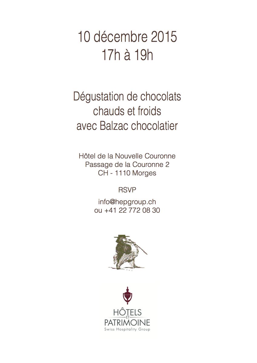 hepgroup's tweet photo. Dégustation de chocolats avec Balzac.
Le 10 décembre de 17h à 19h à Hôtel de la Nouvelle Couronne, Morges
#hepgroup https://t.co/xi7hdMolW6