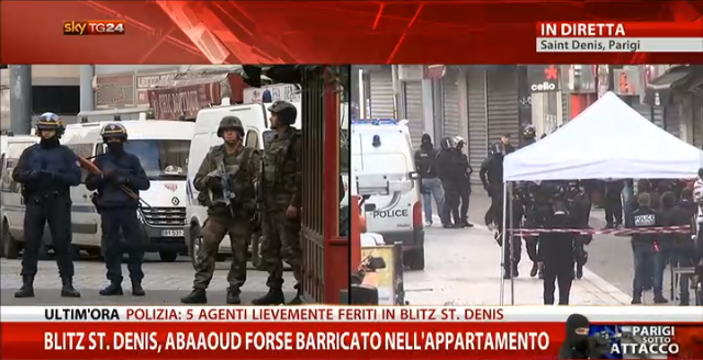 SkyTG24's tweet photo. #Parigi, 5 agenti di polizia lievemente feriti in blitz a #SaintDenis. Seguite la diretta: https://t.co/cDqTVlDB0v https://t.co/UiY8TNSFww