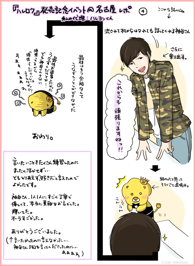 神谷さん リリイベ ハレロク 名古屋 お渡し会 レポ。
絵であっても自分の醜態を晒すわけにはいかなかったのでハレヨンくんに代理してもらいました。とにかく神谷さんがみんなに優しくて丁寧でキラキラした素敵な方だったことを伝えたかった。