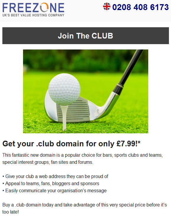 FreezoneUK's tweet photo. Get your .club domain for only £7.99 + VAT! The first choice domain for clubs and teams! https://t.co/sk5jvgl7pn https://t.co/0IDX8ftUZh