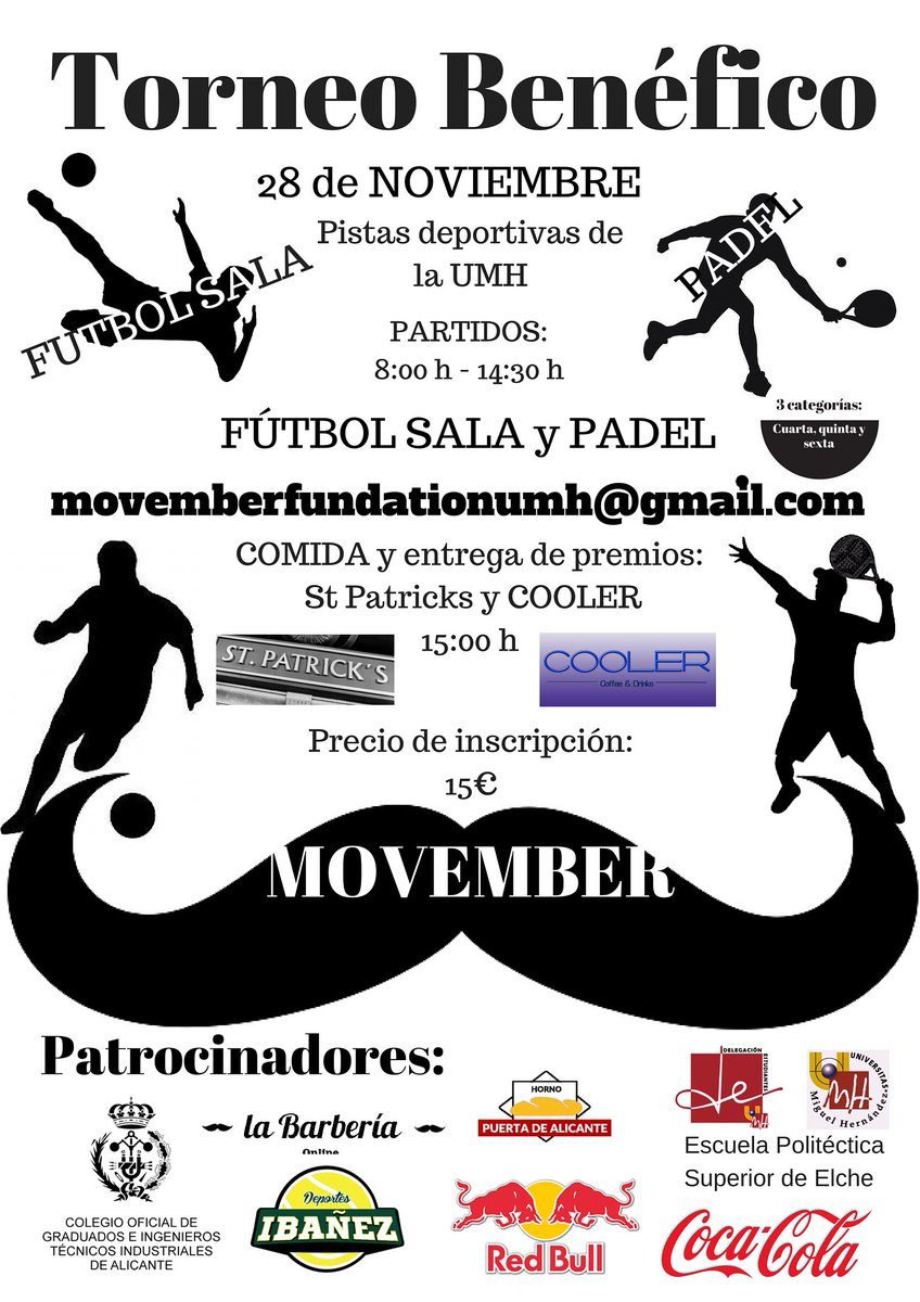 COITIAlicante's tweet photo. 28/11: TORNEO BENÉFICO. Nos sumamos a @MovemberUMH ¿y vosotros? ¡Participa! https://t.co/xwBAMCGRKu https://t.co/ehsDy39LgZ