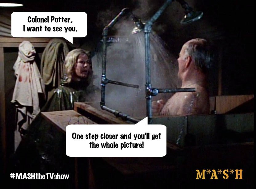 MASHtheTVshow's tweet photo. Hard to get even a moment of peace in the 4077th! #MASH #MASHtheTVshow #shower https://t.co/GVqrZPbfSq