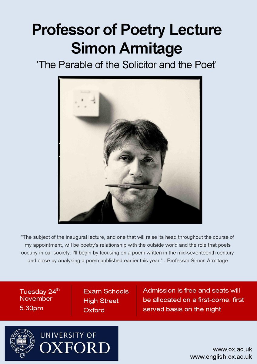 Less than one week to go until Professor Simon Armitage's inaugural lecture as Professor of Poetry! <a href="/Exam_Schools/">ExamSchoolsOxfordUni</a>
