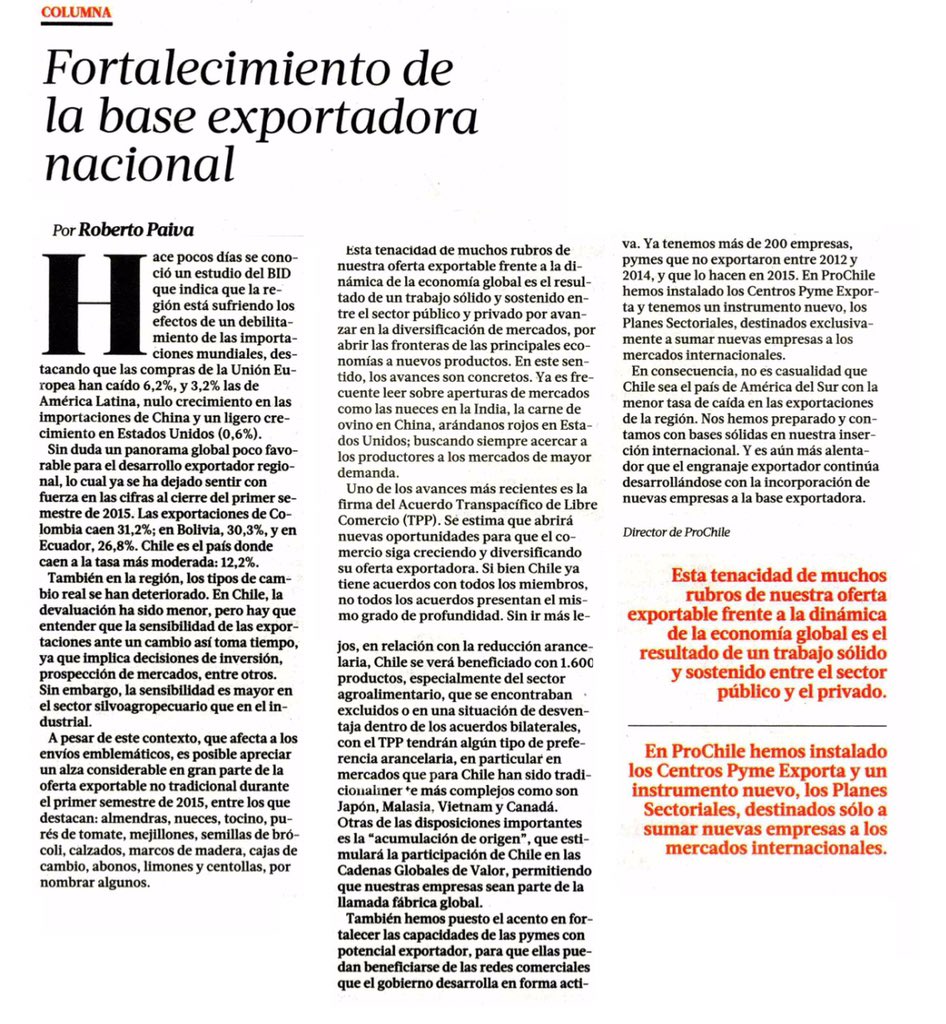 ProChile's tweet photo. Fortalecimiento de la base exportadora. Revisa columna Director Roberto Paiva https://t.co/ECpQSyeNgM vía @latercera https://t.co/XVCTyxxi5G