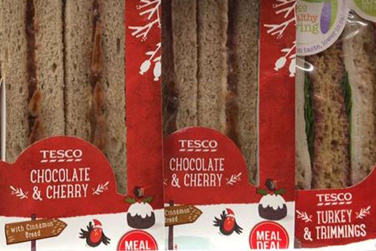 David_Laundy's tweet photo. Chocolate and cherry sandwich? What is going on @Tesco did you give Santa too much sherry?! https://t.co/q3iTh0BXk0