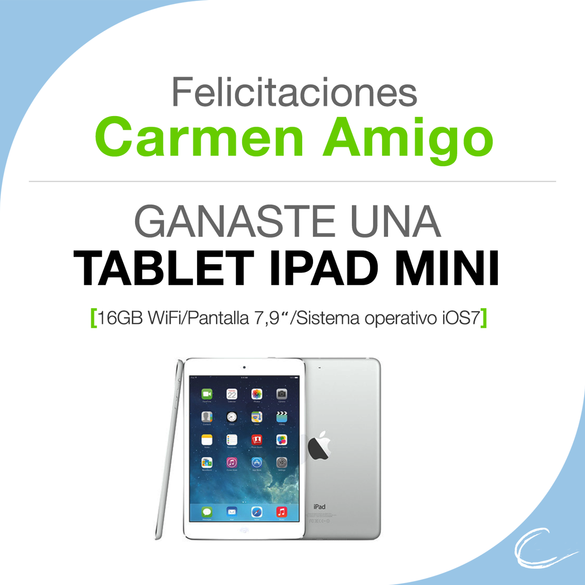 ciu_empresarial's tweet photo. Felicitaciones a Carmen Amigo por ser la ganadora del Ipad Mini al responder nuestra encuesta https://t.co/uEoLUr8lN9