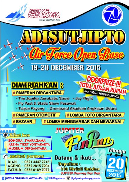 starjogja's tweet photo. 19-20/12/2015 di Bandara Adi Sucipto #GDY15 "Gebyar Dirgantara Yogyakarta" "Jupiter Runway Fun Run" | @GDYogyakarta https://t.co/mCBGRSvz6p
