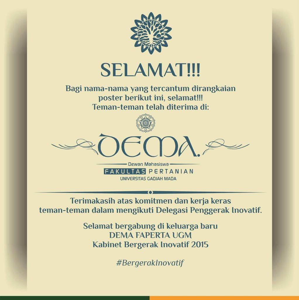 Ini dia! Pengumuman hasil oprec DEMA dapat dilihat di official LINE @nkc1963o dan di instagram @demafapertaugm :)