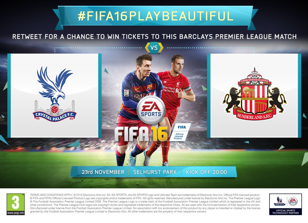 RT to win <a href="/premierleague/">Premier League</a> tickets! <a href="/CPFC/">Crystal Palace F.C.</a> v <a href="/SunderlandAFC/">Sunderland AFC</a> on Monday at Selhurst Park. T&amp;C's apply