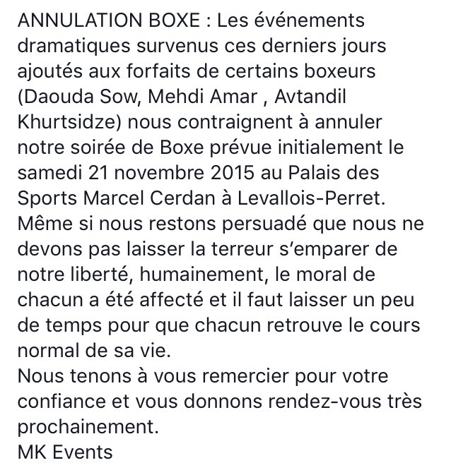 MKONEEVENTS's tweet photo. Annulation de la soirée de boxe #Apocalypse2 prévue initialement ce samedi 21 novembre #MkEvents https://t.co/Gx6VYZi6I3