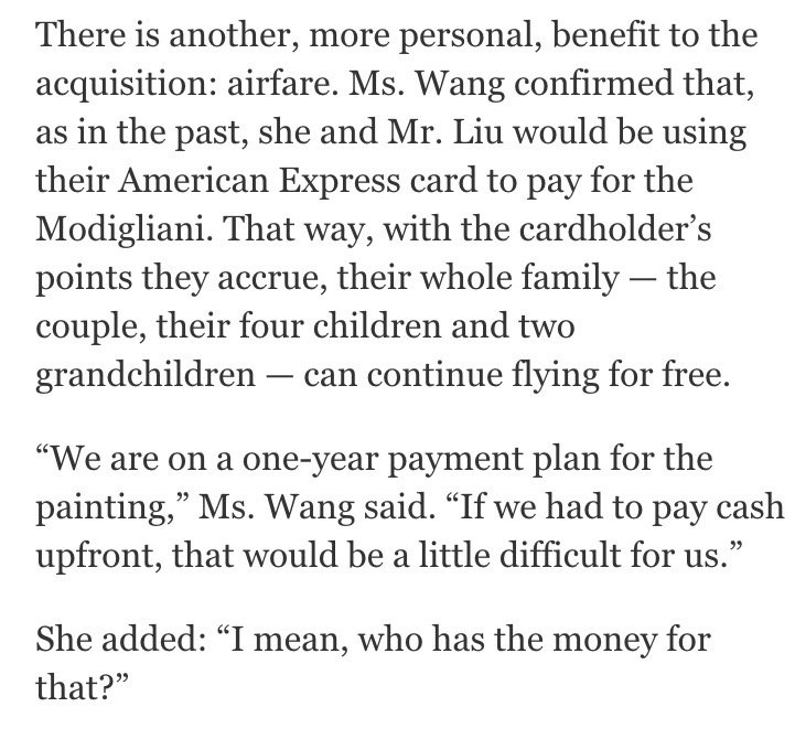 The Chinese couple who bought the $170.4M Modigliani? Used their AmEx. $AXP (via <a href="/nytimes/">The New York Times</a>)