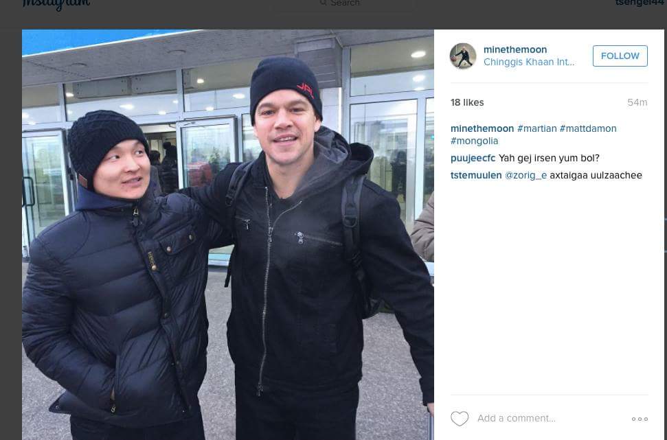 tengiscinema's tweet photo. The Martian in Mongolia. Just landed Matt Damon. He was heading to Beijing but airplane was not able land. Shagrilla https://t.co/3nRgb2nCCM